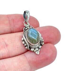 Estate Sterling Silver 925 Caviar Dot Work Labradorite Pendant